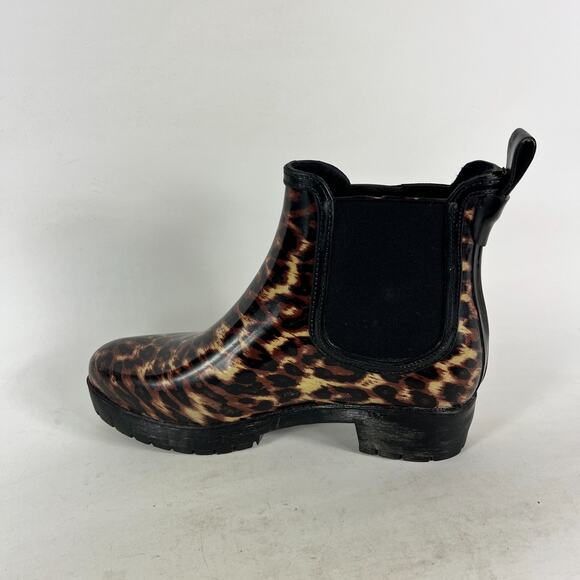 Jeffrey Campbell Chelsea Rain Boots Womens 8 Brown Black Leopard Print Pull On - Picture 6 of 10